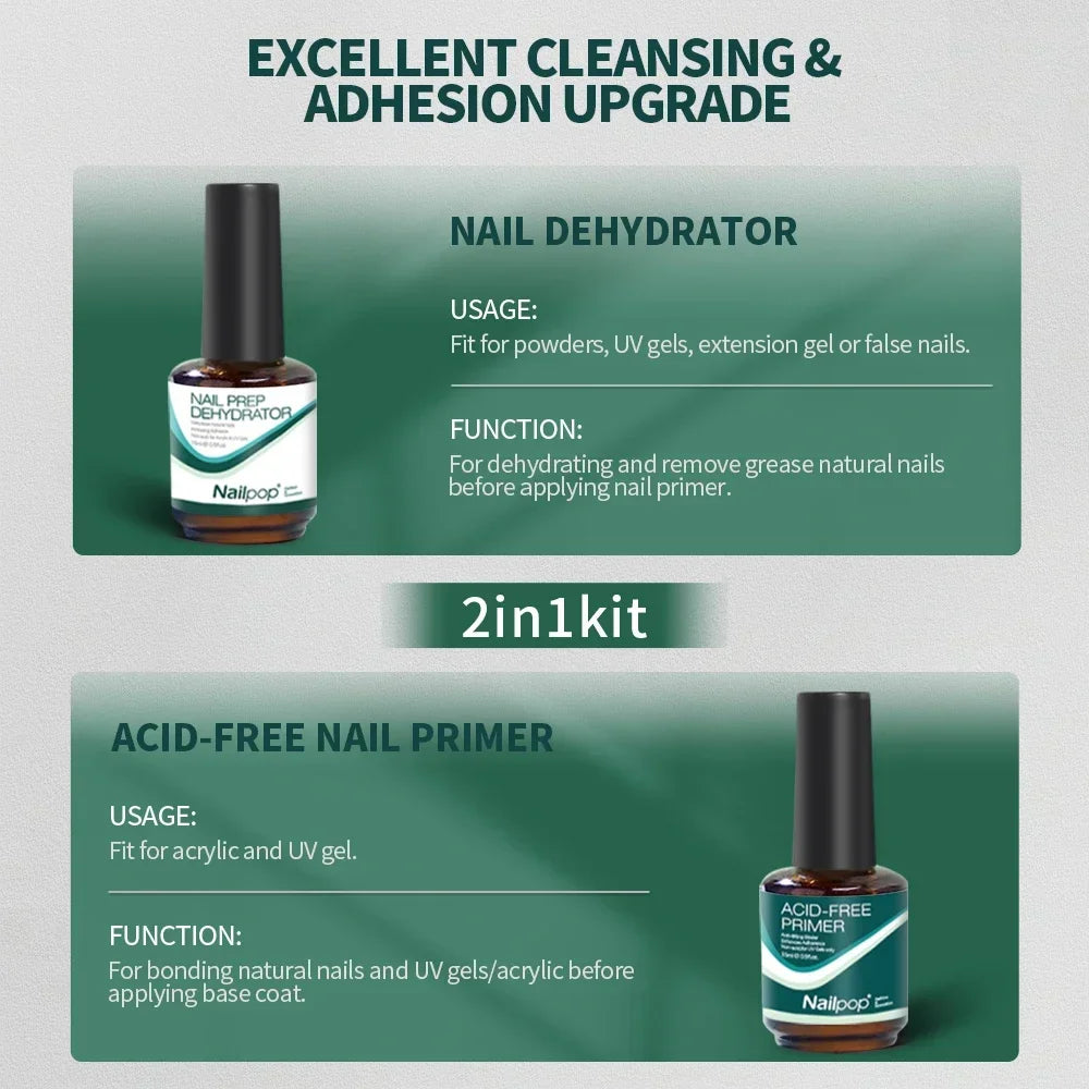 Nail Dehydrator and Primer Acid Free Natural Nail Prep for Acrylic and UV Gel Nail Polish Fast Dry Superior Bonding Set