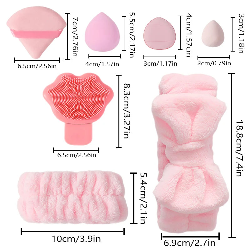 16-piece makeup set, a makeup kit, includes a three-piece hairband set, makeup sponges, and cleansing tools.