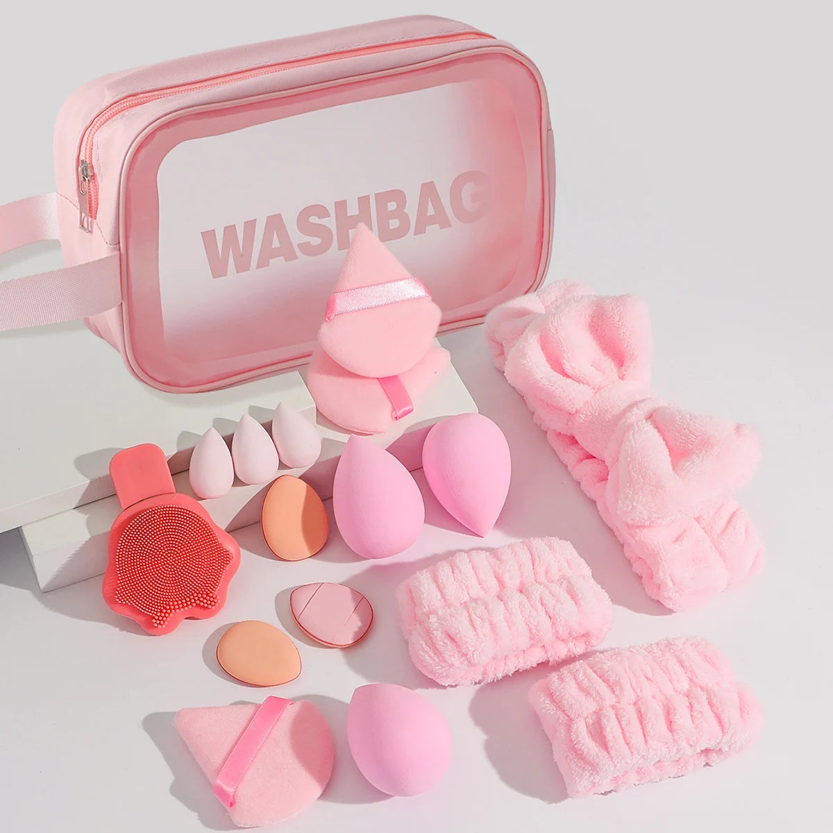 16-piece makeup set, a makeup kit, includes a three-piece hairband set, makeup sponges, and cleansing tools.