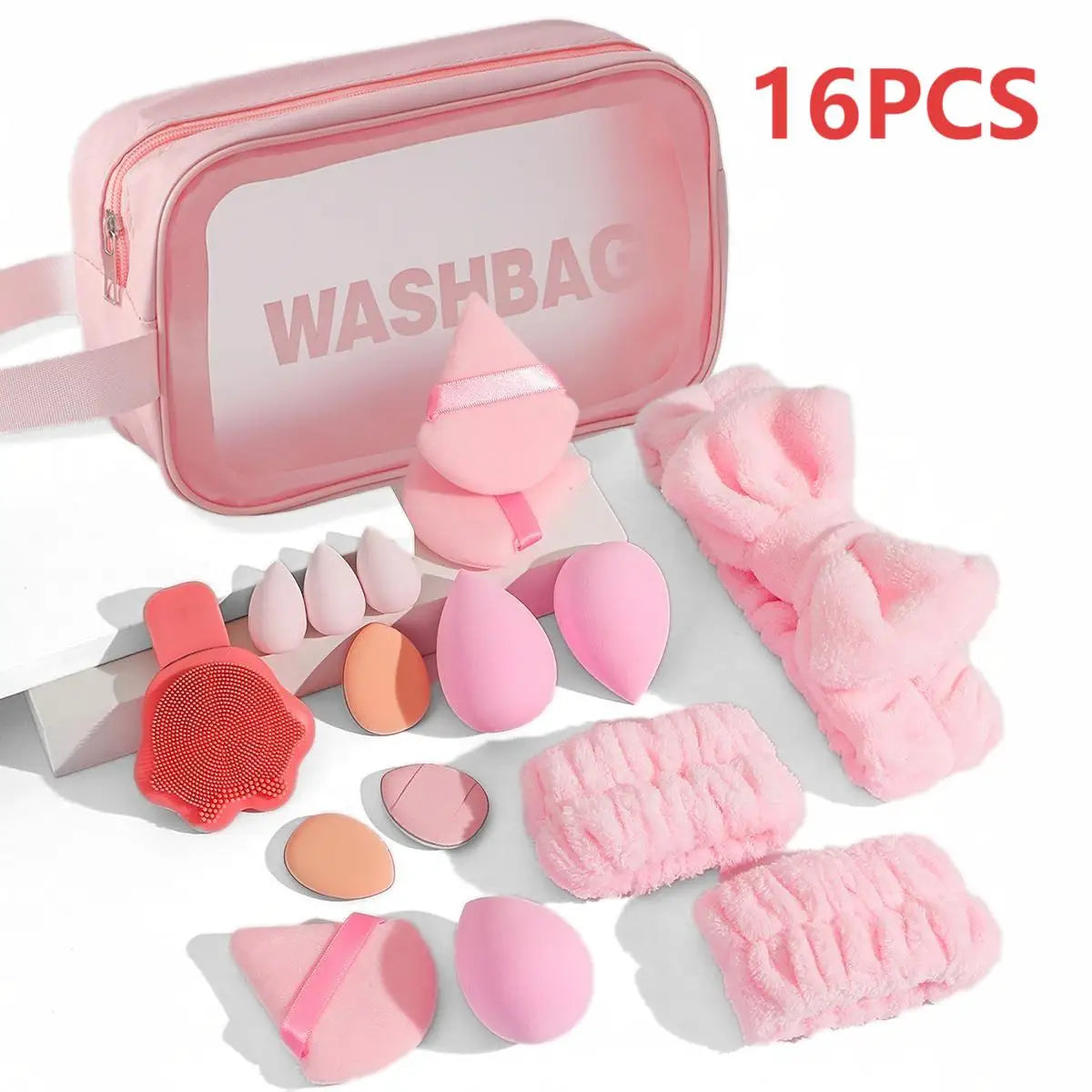 16-piece makeup set, a makeup kit, includes a three-piece hairband set, makeup sponges, and cleansing tools.